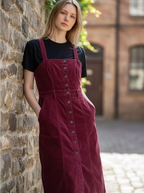 Free People Burgundy Button-Front Denim Pinafore